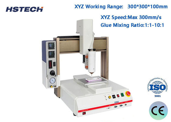 Un bon prix. Machine de distribution de colle AB à 4 axes avec plage de travail de 300*300*100mm, précision de répétition de ±0.02mm et rapport de mélange de colle de 1:1 à 10:1 en ligne